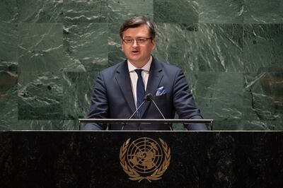 Ukrainian Foreign Minister Dmytro Kuleba speaks at the UN General Assembly Hall. AP