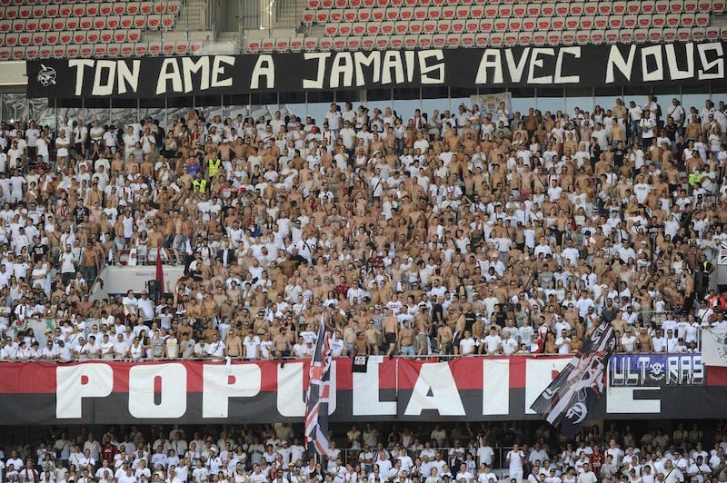 Nice’s supporters cheer during the French Ligue 1 football match between OGC Nice and Rennes on August 14, 2016, at the Allianz Riviera stadium in Nice, southern France. Franck Pennant / AFP