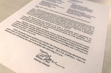 US Attorney General William Barr's letter to lawmakers stating that the investigation by Special Counsel Robert Mueller has been concluded and that Mr Mueller has submitted his report to the Attorney General. Reuters 