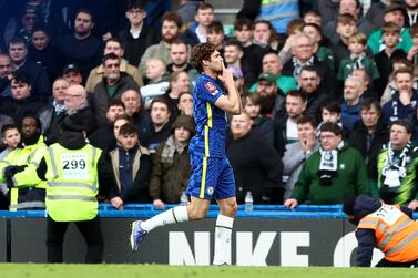LONDON, ENGLAND - FEBRUARY 05: Marcus Alonso of Chelsea celebrates after scoring his team's second goal of the game during the Emirates FA Cup Fourth Round match between Chelsea and Plymouth Argyle at Stamford Bridge on February 05, 2022 in London, England. (Photo by Bryn Lennon / Getty Images)