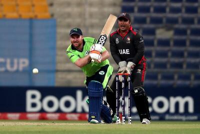 ABU DHABI , UNITED ARAB EMIRATES , October 19  – 2019 :- Paul Stirling of Ireland playing a shot during the World Cup T20 Qualifiers between UAE v Ireland held at Zayed Cricket Stadium in Abu Dhabi.  ( Pawan Singh / The National )  For Sports. Story by Amith