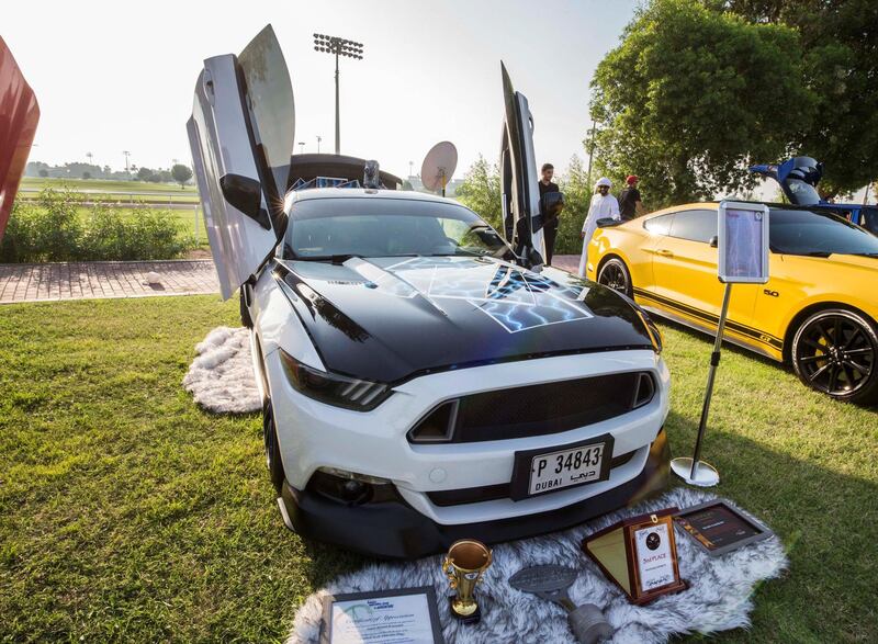 ABU DHABI, UNITED ARAB EMIRATES, 28 OCTOBER 2018 - A Mustang 2015 Model called Thunder owned by Salem Alsuwaidi at the Street Meet modified cars event, Abu Dhabi City Golf Club.  Leslie Pableo for The National for Adam Workman's story