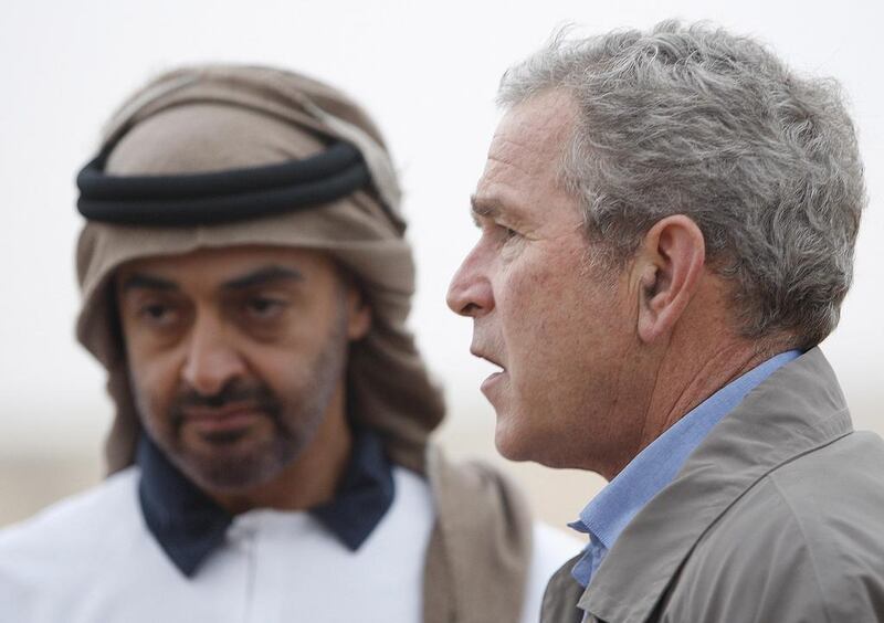 US President George W Bush attends a private dinner in the Abu Dhabi desert hosted by Sheikh Mohammed bin Zayed. Philip Cheung / Abu Dhabi Media Company / January 13, 2008