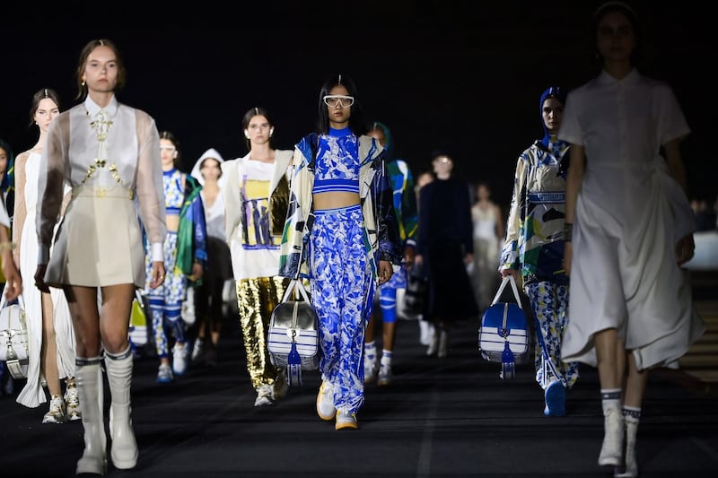 The collection showcased designs inspired by antiquity and traditional Greek dress. AFP