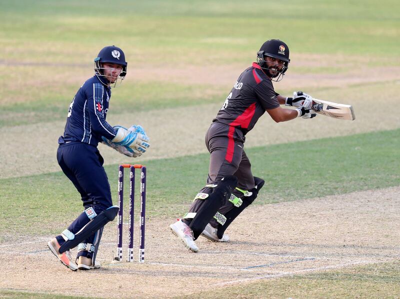 Dubai, United Arab Emirates - October 30, 2019: UAE's Rameez Shahzad bats during the game between the UAE and Scotland in the World Cup Qualifier in the Dubai International Cricket Stadium. Wednesday the 30th of October 2019. Sports City, Dubai. Chris Whiteoak / The National