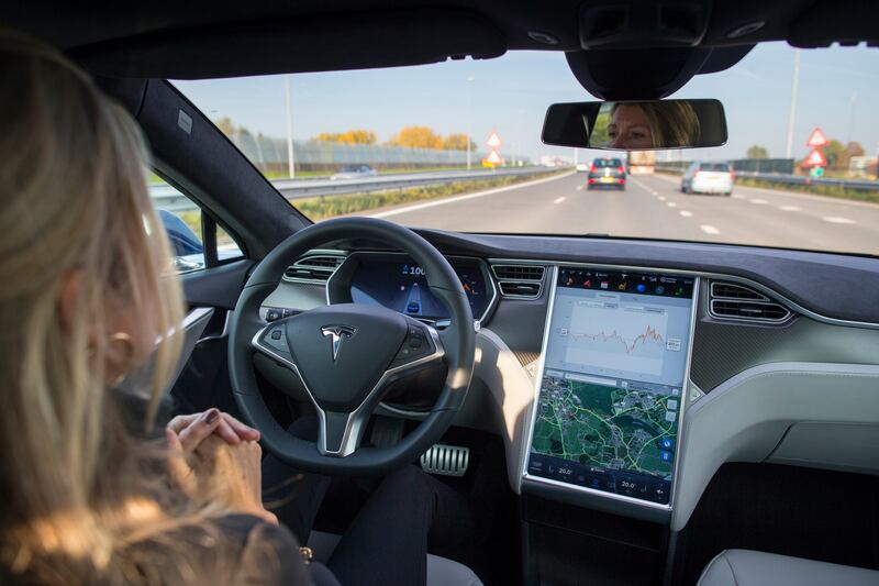 The interior of a Tesla Model S electric car, equipped with Autopilot hardware and software. Getty Images