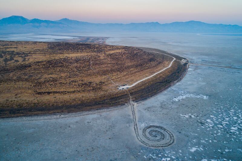 Robert Smithson's earthwork 'Spiral Jetty' on the shore of Great Salt Lake, Utah. Constructed in 1970, the work remained submerged until 2002, when a mega-drought began to afflict the region. EPA