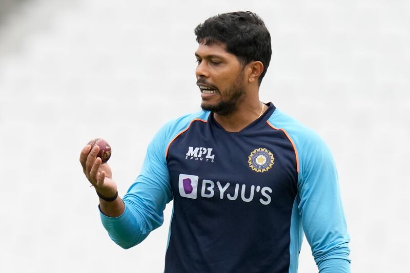Umesh Yadav prepares to bowl during India's training session. AP