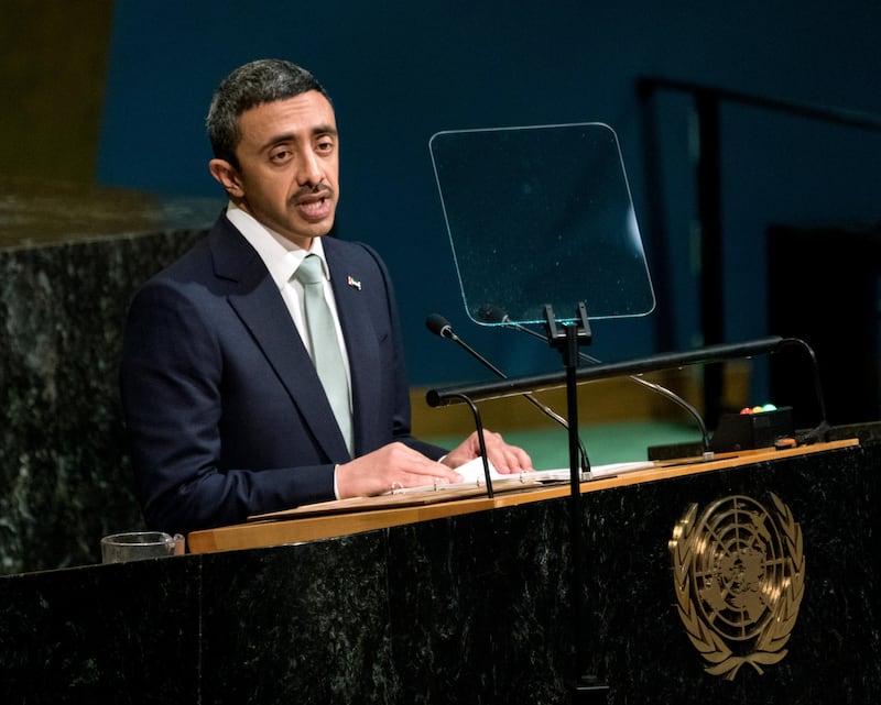 Foreign Minister of the United Arab Emirates Sheikh Abdullah bin Zayed Al Nahyan addresses the United Nations General Assembly, Friday, Sept. 22, 2017, at U.N. headquarters. (AP Photo/Craig Ruttle)