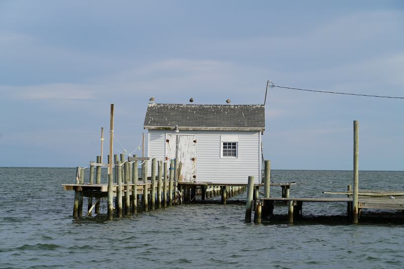 A crab shanty sits on stilts in the Chesapeake bay off of Tangier Island. Watermen store crabs and tools in their shanties, which act like floating offices. 