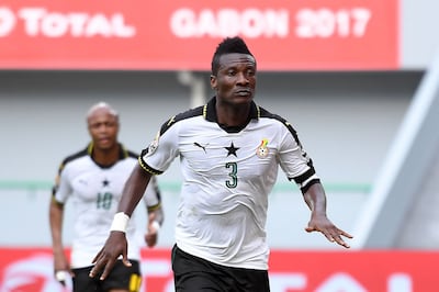 Ghana forward Asamoah Gyan celebrates after scoring against Mali at the 2017 Africa Cup of Nations. AFP

