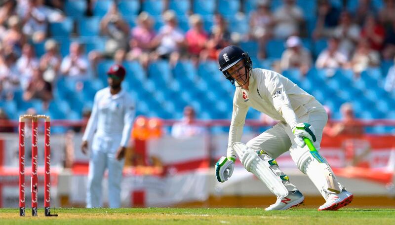 Keaton Jennings of England gets off the mark during day 1 of the 3rd and final Test between West Indies and England at Darren Sammy Cricket Ground, Gros Islet, Saint Lucia, on February 09, 2019. / AFP / Randy Brooks
