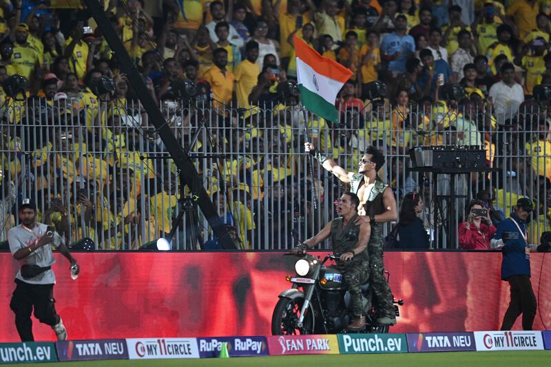 Bollywood actors Akshay Kumar and Tiger Shroff, right, during the opening ceremony of the Indian Premier League season in Chennai. AFP