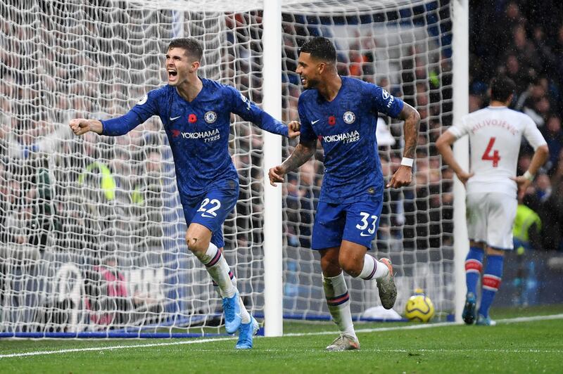 Christian Pulisic of Chelsea celebrates after scoring his team's second goal against Crystal Palace at Stamford Bridge on Saturday. Getty Images