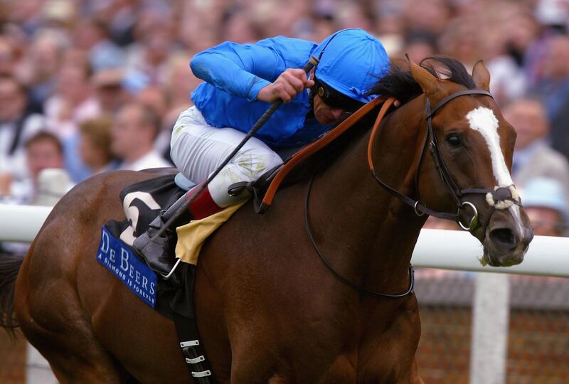 ASCOT, ENGLAND - JULY 24:  Frankie Dettori and the Godolphin trained Nightfall land The Crocker Bulteel Maiden Stakes Race run at Ascot Racecourse on July 24, 2004 at Ascot, England. The win gave the popular Italian his 2000TH domestic winner. (Photo by Julian Herbert/Getty Images)