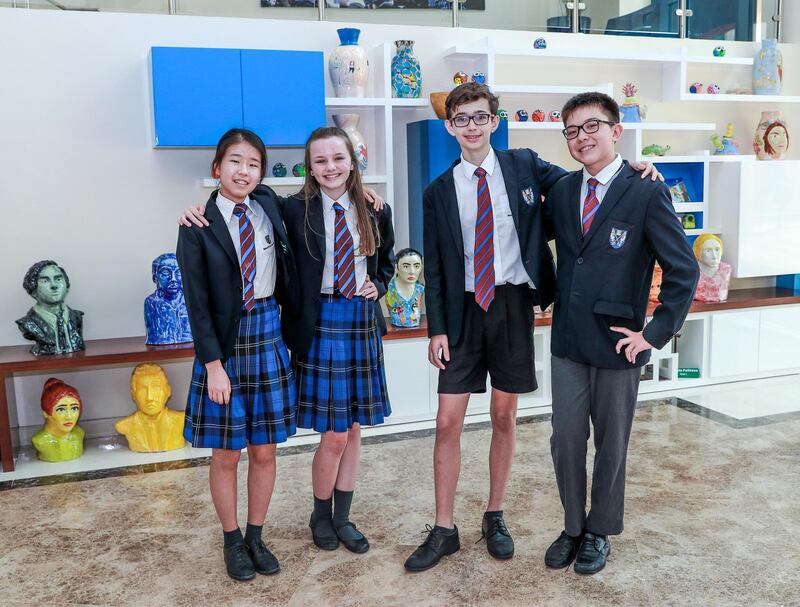 Abu Dhabi, U.A.E., July 5, 2018.
Brighton College year 8 students taking up the Mandarin language.  (L-R) Suah Yang-14,  Hollie Wilson-13, Alex Ure-13 and Arvin Egli-13.
Victor Besa / The National
Section:  NA
Reporter:  Haneen Dajani