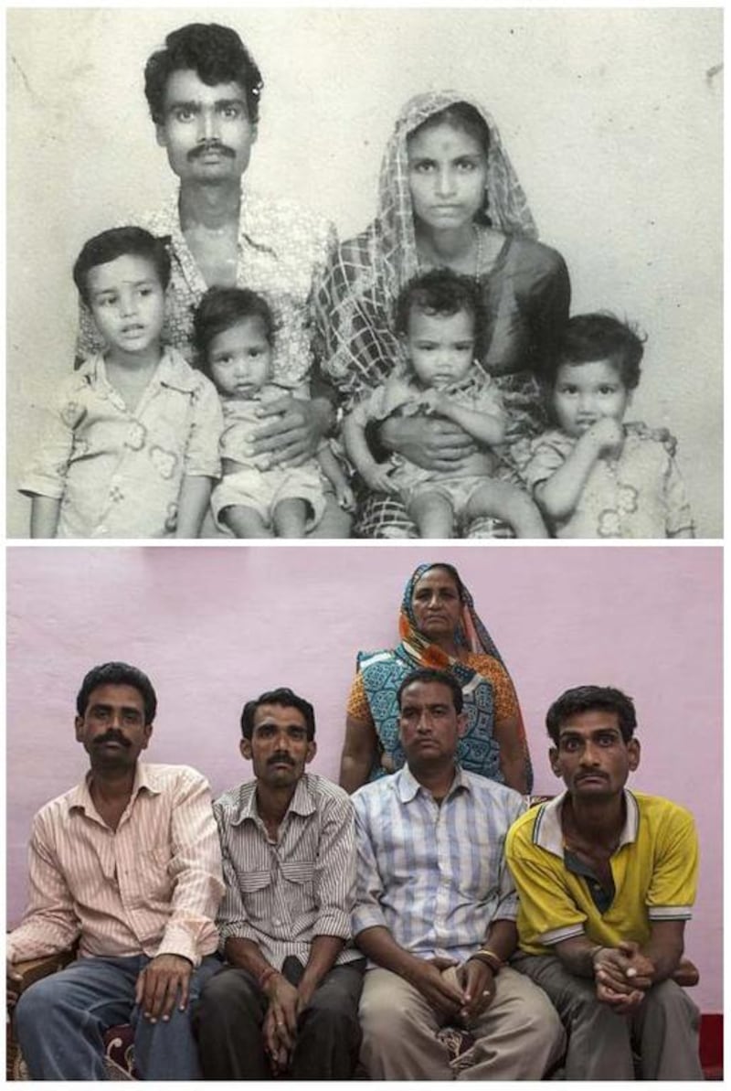 In a combination picture Lata Bai, top right, is seen with her husband Ashok Badgujjar and their four sons in an undated family photograph, top, and, bottom, Lata Bai, top right, is seen with her four sons in Bhopal November 12, 2014. Bai said that Badgujjar died as a result of gas poisoning after the 1984 Bhopal disaster.