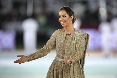 ABU DHABI, UNITED ARAB EMIRATES - JANUARY 05:  Yemeni Singer Balqees Ahmed Fathi performs at the Opening Ceremony ahead of the AFC Asian Cup Group A match between United Arab Emirates and Bahrain at Zayed Sports City Stadium on January 5, 2019 in Abu Dhabi, United Arab Emirates. (Photo by Matthew Ashton - AMA/Getty Images)