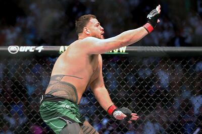 Tai Tuivasa celebrates after defeating Greg Hardy by TKO in the first round in their heavyweight bout during UFC 264 in Las Vegas in July. AFP