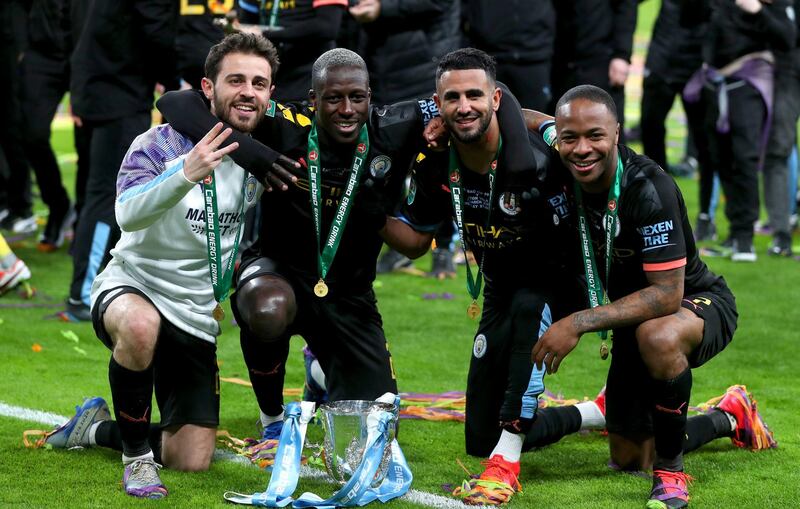 3. Manchester City' - 4102 points. Bernardo Silva, Benjamin Mendy, Riyad Mahrez and Raheem Sterling celebrate after winning the League Cup Final at Wembley Stadium. PA
