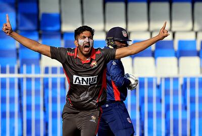 Sharjah, December, 08 2019: Junaid Siddique of UAE celebrates after dismissing Steven Taylor of USA during the ICC Men's Cricket World Cup League 2 match at the Sharjah Cricket Stadium in Sharjah . Satish Kumar/ For the National / Story by Paul Radley