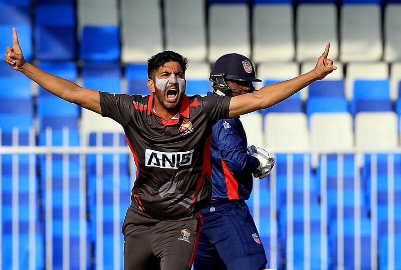 Sharjah, December, 08 2019: Junaid Siddique of UAE celebrates after dismissing Steven Taylor of USA during the ICC Men's Cricket World Cup League 2 match at the Sharjah Cricket Stadium in Sharjah . Satish Kumar/ For the National / Story by Paul Radley