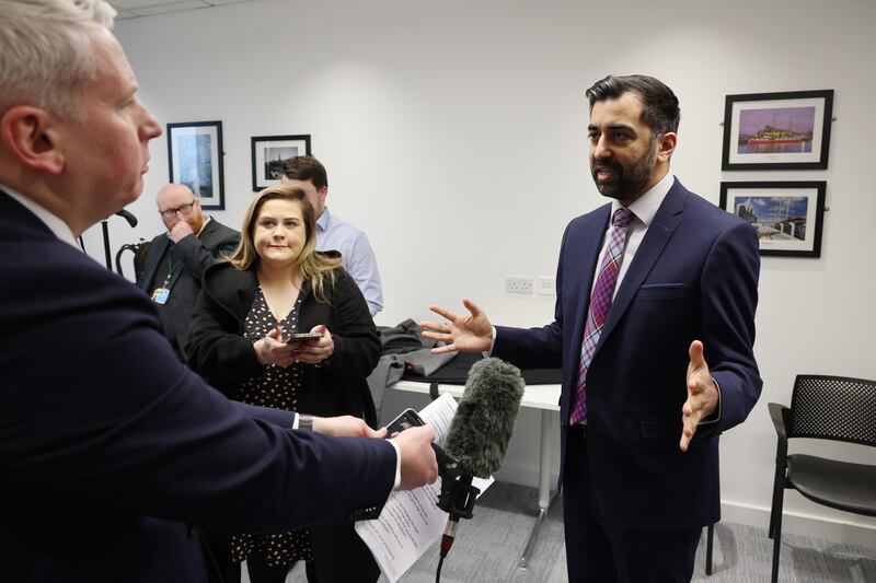 First Minister Humza Yousaf addresses the media on Wednesday after Peter Murrell's arrest. Getty Images