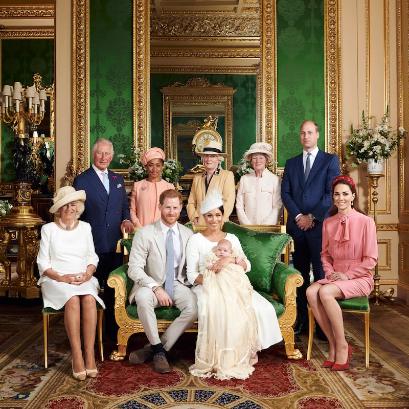 This is the official christening photo released by the Duke and Duchess of Sussex on Saturday, July 6, 2019, showing Britain's Prince Harry, front row, second left and Meghan, the Duchess of Sussex with their son, Archie. Camilla, the Duchess of Cornwall sits at left. Back row from left, Prince Charles, Doria Ragland, Lady Jane Fellowes, Lady Sarah McCorquodale, Prince William and Kate, the Duchess of Cambridge, in the Green Drawing Room at Windsor Castle, Windsor, England. (Chris Allerton/Â©SussexRoyal via AP)