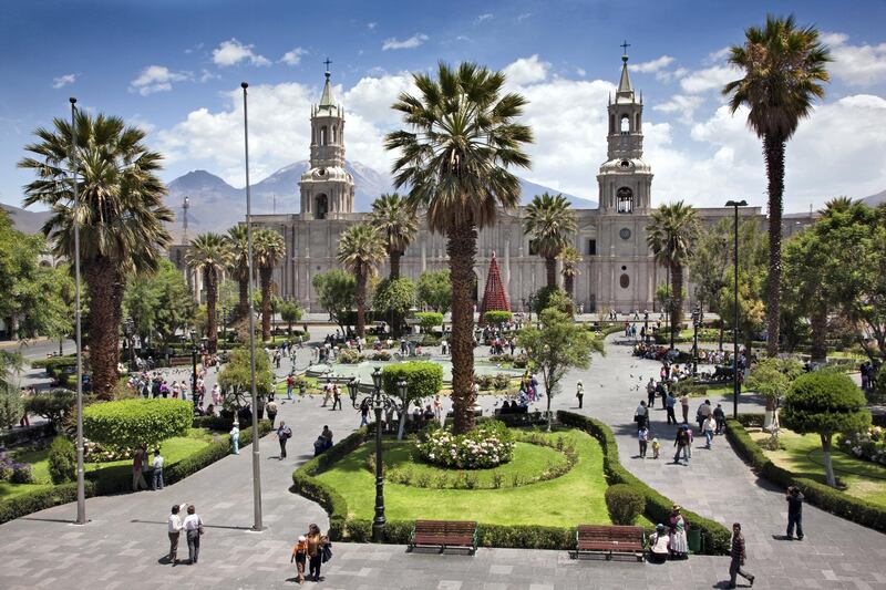 Peru, Arequipa Cathedral dominates the main square, Plaza de Armas. Built with sillar, a stone mined from the extinct Chachani volcano.