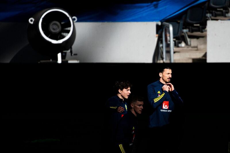 Sweden forward Zlatan Ibrahimovic and defender Victor Lindelof attend a training session in Stockholm on March 23, 2021, prior to the World Cup qualifier against Georgia. AFP