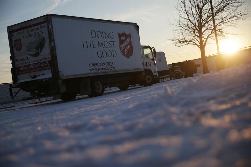 A Salvation Army lorry is parked outside a shelter run by the group in Plano, Texas, where residents have been hit hard by a winter storm. Reuters