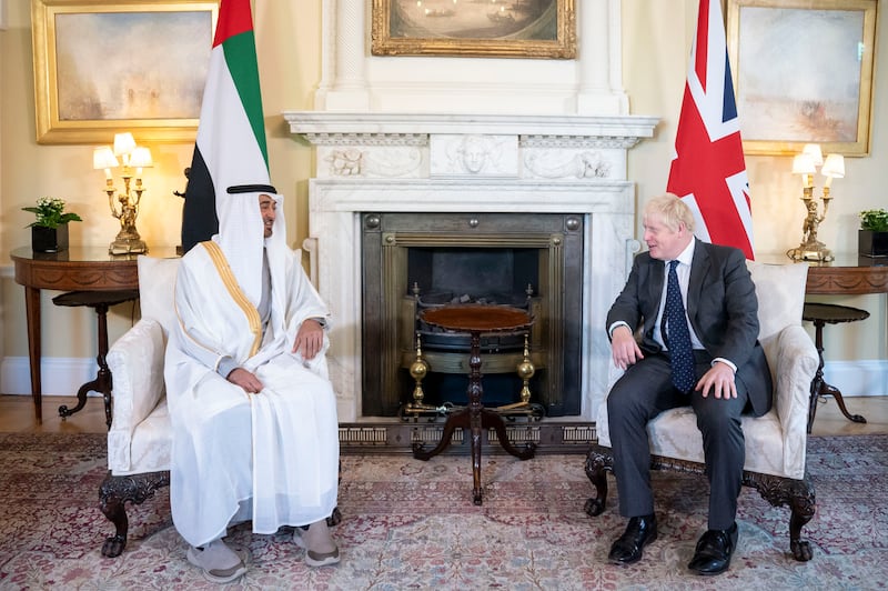 Sheikh Mohamed bin Zayed and Prime Minister Boris Johnson announced the launch of a Partnership for the Future between the UAE and the UK. Ministry of Presidential Affairs