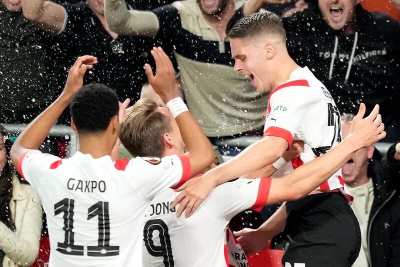 PSV Eindhoven's Joey Veerman celebrates after scoring the first goal in the 2-0 Europa League win against Arsenal at the Philips Stadium in Eindhoven, Netherlands, on October 27, 2022. AP