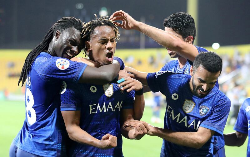 DUBAI, UNITED ARAB EMIRATES , Feb 10  – 2020 :- Carrillo Díaz (no 19 2nd from left) of Al Hilal club celebrating after scoring the goal in  the Asian Champions League football match between Al Hilal v Shahr Khodro held at Zabeel Stadium in Dubai. (Pawan  Singh / The National) For Sports. Story by John