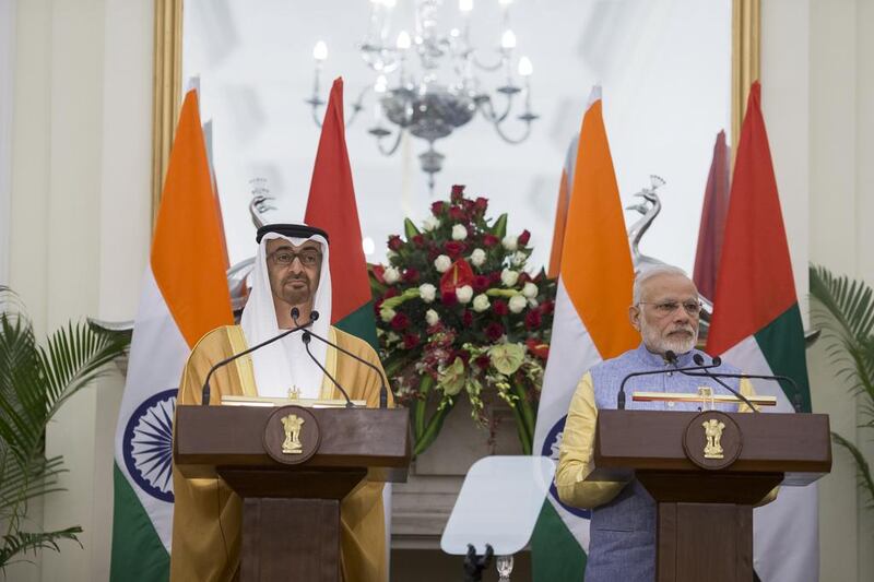 Sheikh Mohammed bin Zayed and Narendra Modi, prime minister of India, at Hyderabad House. Christopher Pike / Crown Prince Court - Abu Dhabi