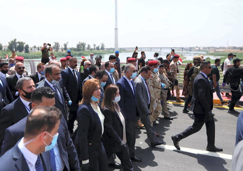 Prime Minister Mustafa Al Kadhimi officially opens the Al Hurriya or Freedom Bridge crossing the Tigris river to Mosul's old city. Iraqi PM Media Office HO 
