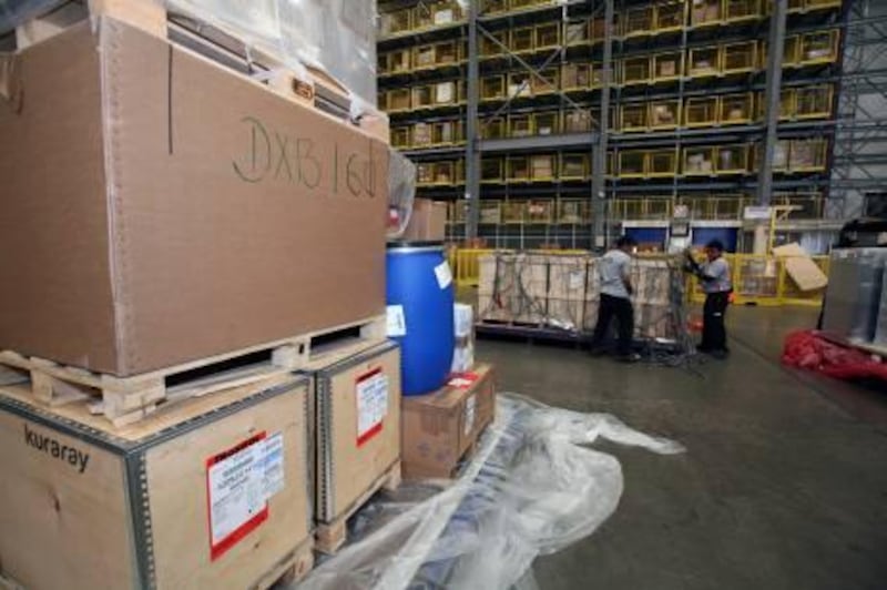 DUBAI, UNITED ARAB EMIRATES - SEPTEMBER 13:  A general view of the warehouse area where cargo is prepared to go out and to come in, at Dnata Cargo in the Dubai Airport Free Zone in Dubai on September 13, 2009.  (Randi Sokoloff / The National)  For news story by Daniel Bardsley
 *** Local Caption ***  RS015-091309-DNATA.jpg