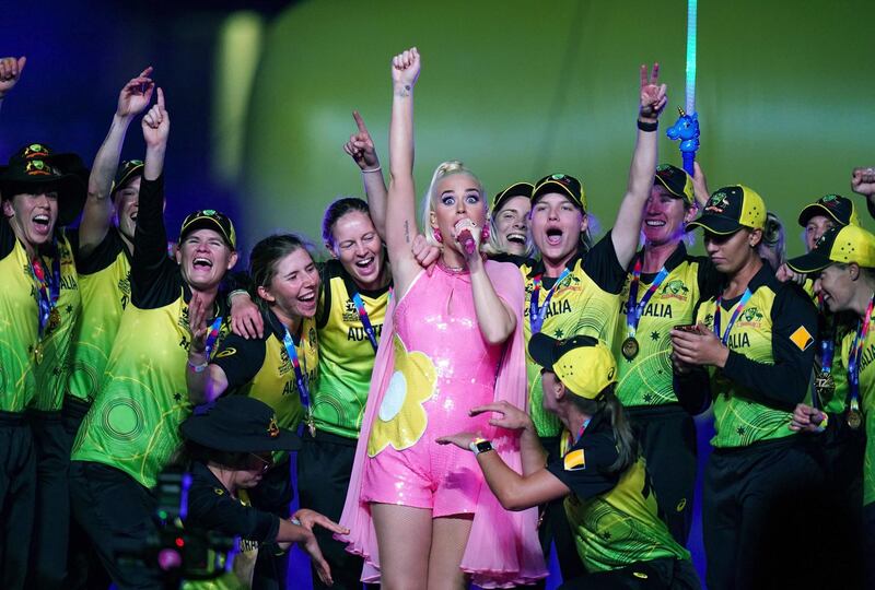 The Australian women's cricket team perform on stage with US pop star Katie Perry after they won the T20 World Cup final against India at Melbourne Cricket Ground on Sunday, March 8. EPA