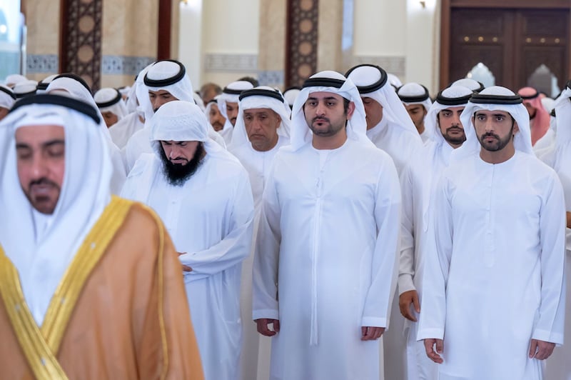 Sheikh Hamdan bin Mohammed, Crown Prince of Dubai, and Sheikh Maktoum bin Mohammed, Deputy Prime Minister, Minister of Finance and Deputy Ruler of Dubai, perform Eid prayers in the emirate. Photo: Sheikh Hamdan / Twitter