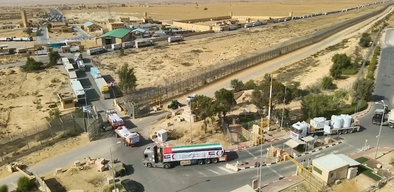 View of what the Israeli military says are lorries carrying humanitarian aid being transported to Gaza,  at a location given as the Nitzana border crossing. Reuters