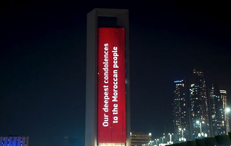A message of support for Morocco was displayed on Abu Dhabi's Adnoc building. photo: Abu Dhabi Media Office