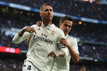 Real Madrid's Sergio Ramos celebrates with Sergio Reguilon after scoring his team's second goal. Getty Images