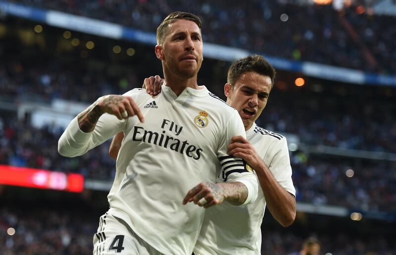 Real Madrid's Sergio Ramos celebrates with Sergio Reguilon after scoring his team's second goal. Getty Images