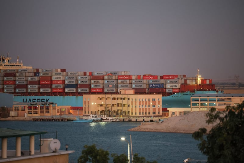 A Maersk container ship sails southbound to exit the Suez Canal in Egypt in December. Bloomberg