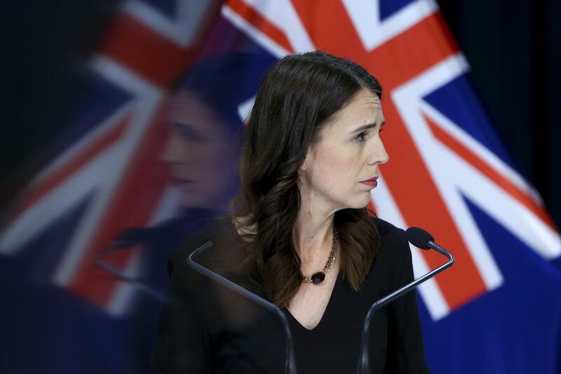 *** BESTPIX *** WELLINGTON, NEW ZEALAND - APRIL 14: Prime Minister Jacinda Ardern looks on during a press conference at Parliament on April 14, 2020 in Wellington, New Zealand. New Zealand has been in lockdown since Thursday 26 March following tough restrictions imposed by the government to stop the spread of COVID-19 across the country.  A State of National Emergency is in place along with an Epidemic Notice to help ensure the continuity of essential Government business. Under the COVID-19 Alert Level Four measures, all non-essential businesses are closed, including bars, restaurants, cinemas and playgrounds. Schools are closed and all indoor and outdoor events are banned. Essential services will remain open, including supermarkets and pharmacies. Lockdown measures are expected to remain in place for around four weeks, with Prime Minister Jacinda Ardern warning there will be zero tolerance for people ignoring the restrictions, with police able to enforce them if required.  (Photo by Hagen Hopkins/Getty Images)
