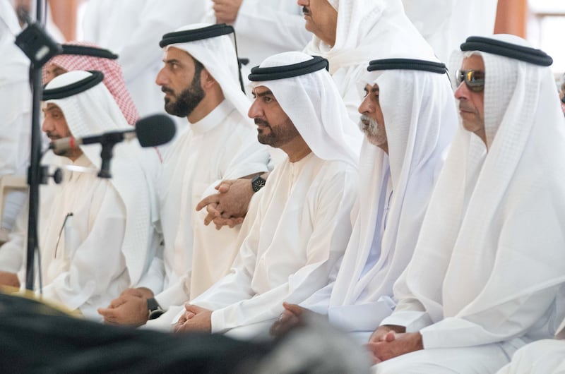 Sheikh Saif bin Zayed, Deputy Prime Minister and Minister of Interior, and Sheikh Nahyan bin Mubarak, Minister of Tolerance, attend funeral prayers for Sheikh Khalid. Wam