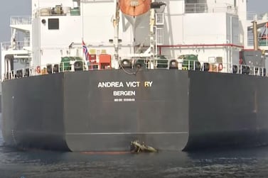 Video footage shows some damage to the Norwegian flagged Andrea Victory. Courtesy Sky News Arabia
