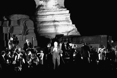 American singer Frank Sinatra during his performance in front of the Sphinx in Giza on September 27, 1979, in Cairo, Egypt. AP