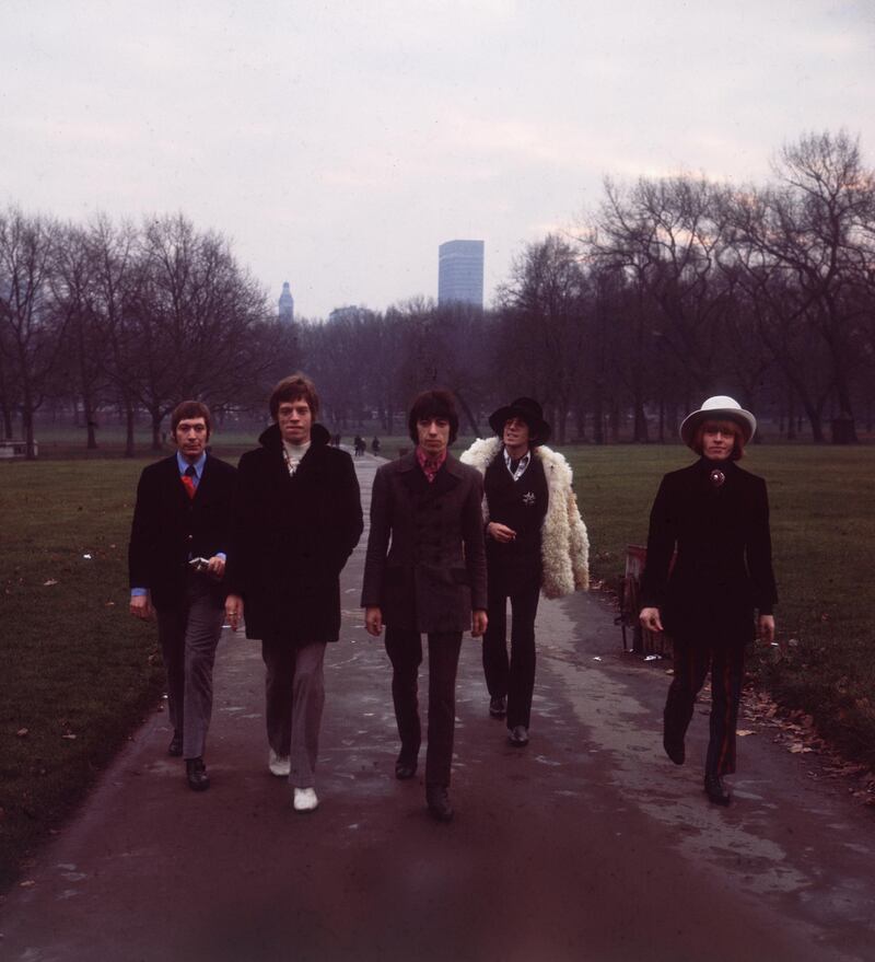 January 1967:  The Rolling Stones take a stroll in a London park. Left to right: Charlie Watts, Mick Jagger, Bill Wyman, Keith Richards and Brian Jones.  (Photo by Hulton Archive/Getty Images)