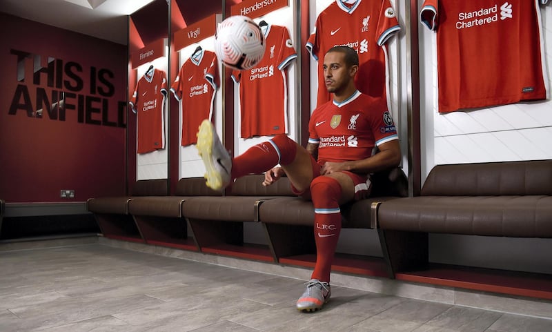 LIVERPOOL, ENGLAND - SEPTEMBER 18: (THE SUN OUT, THE SUN ON SUNDAY OUT) Thiago Alcantara new signing of Liverpool at Anfield on September 18, 2020 in Liverpool, England. (Photo by Andrew Powell/Liverpool FC via Getty Images)